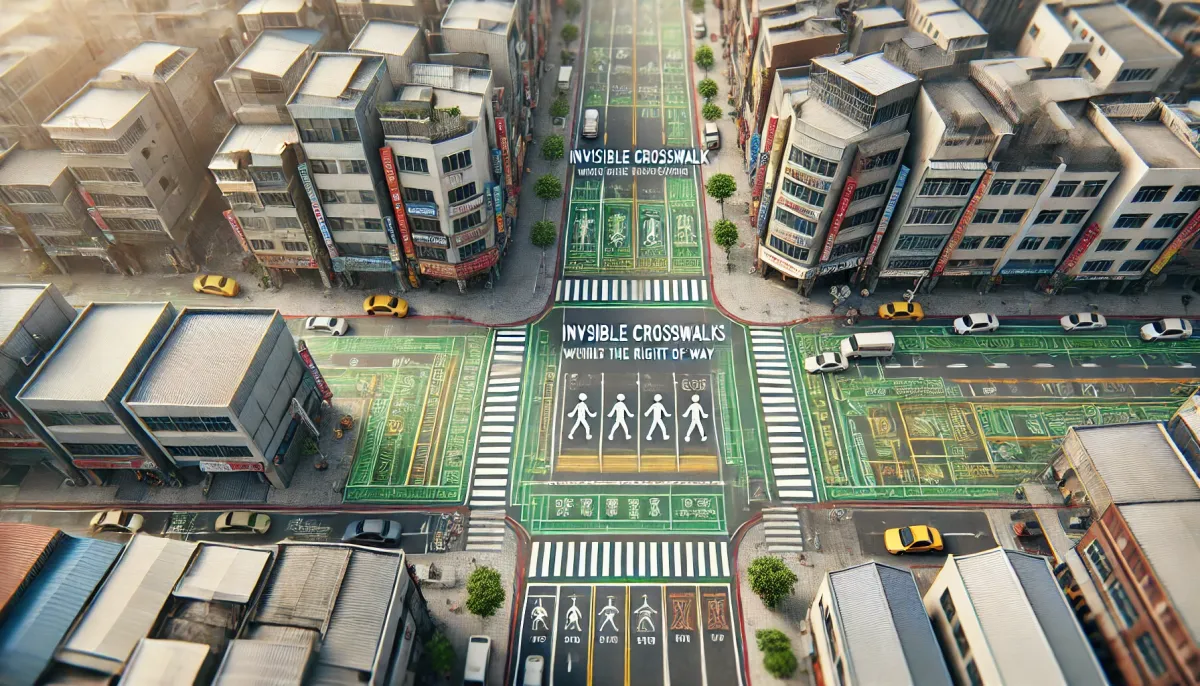 Create an aerial shot image showing three types of invisible crosswalks in Taiwan, clearly marked with different colors and labels, within a 100-meter radius. The image should highlight the difference between scenarios where pedestrians have right of way and where they do not. Include roads, sidewalks, and buildings for context. Dimensions of 1792×1024 pixels. Include a legend explaining the three types of invisible crosswalks.
